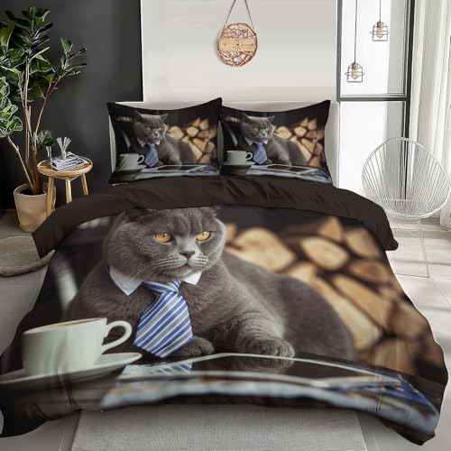 Parure De Lit Réversible, 200X200Cm Chat Gris British Shorthair Set De Housse De Couette Animal Compagnie Réaliste Et Humoristique Parure De Lit Avec 2 Taies...