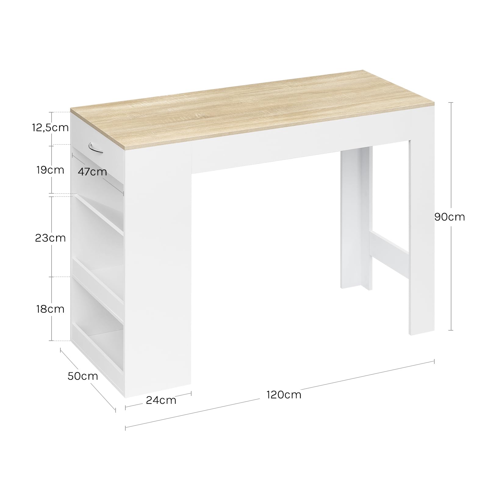Woltu stół barowy, wysoki stół kuchenny, 1 szuflada i 3 otwarte półki do przechowywania bocznego, z drewna technicznego (jasny dąb + biały, centymetry, 90 cm, 50 cm, 120 cm)