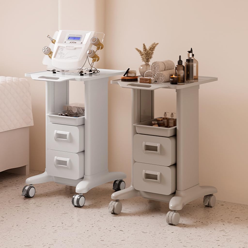Mobilny Wózek Na Laptopa, Cztery Kółka Obrotowe, Wózek Na Laptopa Ze Schowkiem I Szufladą, Odpowiedni Do Laboratoriów, Gabinetów Lekarskich I Salonów Kosmetyczn,Grey-2-draw 1-box style