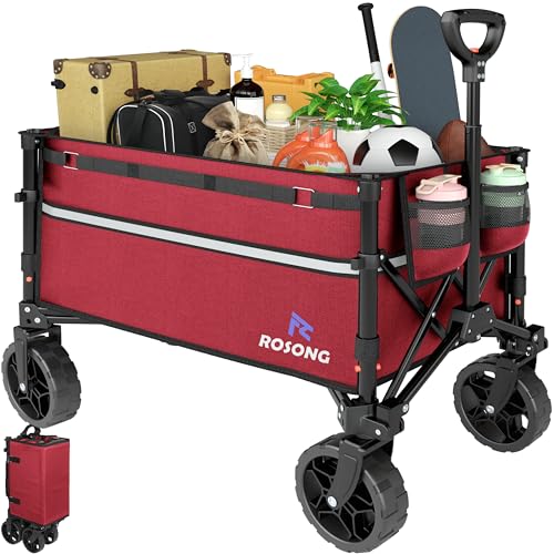 Image of ROSONG Collapsible Wagon Cart with Wheels Foldable - Folding Utility Heavy Duty Wagons Carts for Grocery Sports Garden Shopping Camping Wheelbarrows, Burgundy