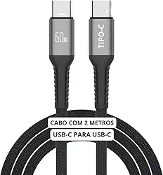 Cabo USB-C 2 metros Tipo C Turbo 60W Ultra Rapido Nylon Trançado e Reforçado Android e Iphone Notebook Tablet Qualidade Premium Carregamento Transferência de Dados