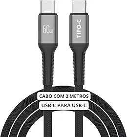 Cabo USB-C 2 metros Tipo C Turbo 60W Ultra Rapido Nylon Trançado e Reforçado Android e Iphone Notebook Tablet Qualidade Premium Carregamento Transferência de Dados