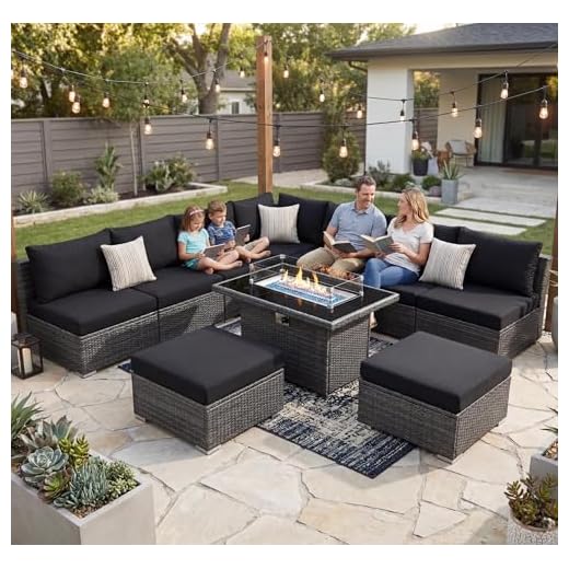 NICESOUL 10 Pcs Outdoor Sectional Set with Natural Gas/Propane Firepit Table, 29.3'' High-Back Patio Furniture Sofa Set, Oversized Rattan Couches for Backyard Garden Lawn, 2 Color Cushion Black & Gray