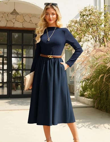 Women's Fall Midi Dress Long Sleeve Midi Dress Elastic Waist Aline Ribbed Semi Formal Work Office Teacher Dress Navy Blue S2