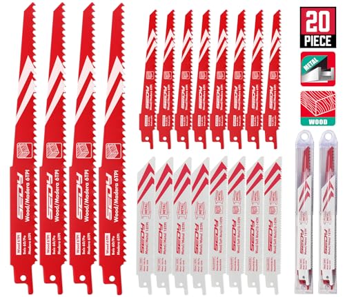 20-Piece Ultimate Reciprocating Saw Blade Set, Premium 6 & 8 Inch Wood and Metal Cutting Blades with Storage Box for Pruning, Wood, and Metal Cutting Tools