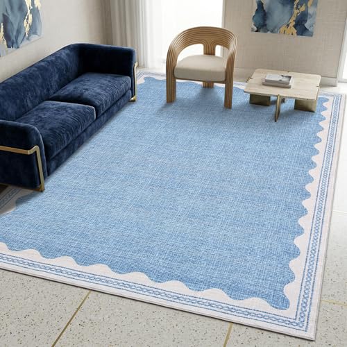 GarveeHome 5x7 Rug for Living Room, Scalloped 5 X 7 Area Rugs Washable Non-Slip Solid Blue Modern Minimalism Low-Pile Carpet for Bedroom Dining Nursery Mat with Rubber Back
