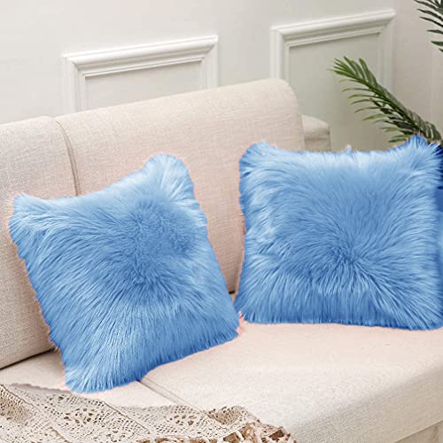 Image of Fur Cushion Pillow Cover for Set of 2 Pillow - 13x13 Inches (Blue)