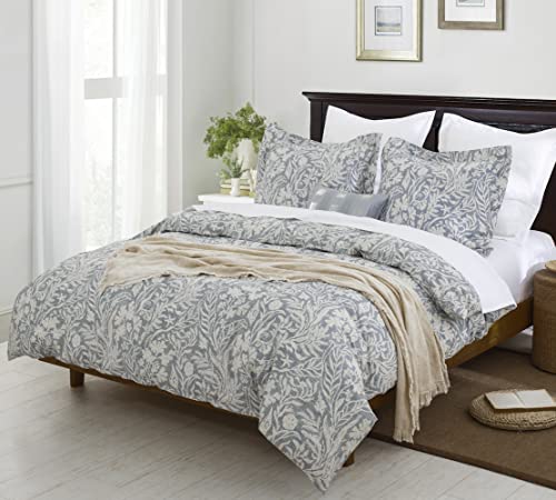 Dauaoto King Size Duvet Cover Set - 104"X90" Cover + 2 Pillow Shams, Cotton Bedding Sets, Bluish Gray Botanic Pattern #TOP6
