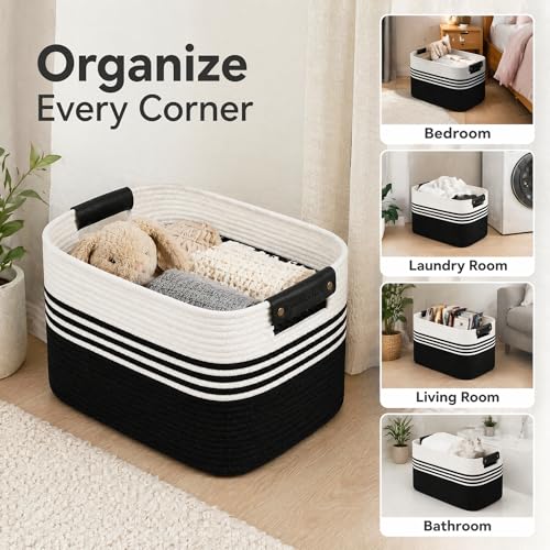 Image of Cotton Rope Laundry Basket Extra Large, 22.8GAL Collapsible Woven Storage Baskets for Living Room Kids Toys Stuffed Animal,Boho Rectangular Decorative Hamper for Dirty Clothes, Blankets White Black