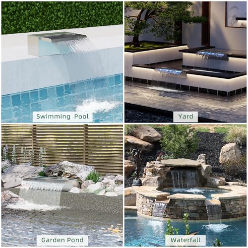 LONGRUN 23cm Teich-Wasserfall,304 Edelstahl Pool-Wasserfall mit Wasserpumpe,7 Farben Bluetooth LED Garten Brunnen