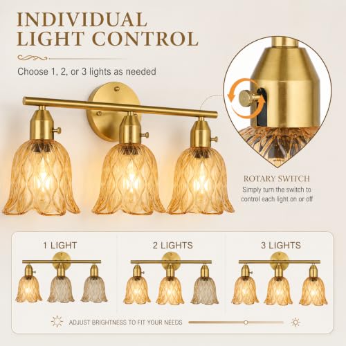 Image of 19.3 inch 3-Light Bathroom Light Fixtures, Gold Vintage Vanity Lights with Clear Amber Tulip Glass Shade, Bathroom Wall Lamp for Mirror Kitchen Living Room Hallway Cabinet Porch