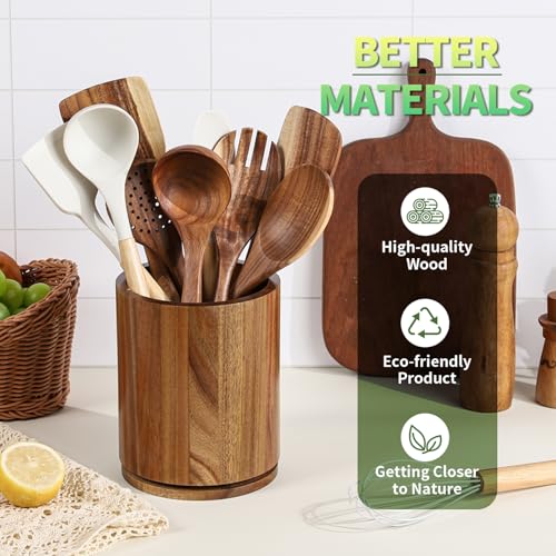 Image of Wooden Utensil Holder, 360Rotating 7.3'' Large Utensil Holder for Kitchen Counter, Kitchen Utensil Organizer, Utensil Crock, Farmhouse Kitchens Countertop Decor, Acacia Wood