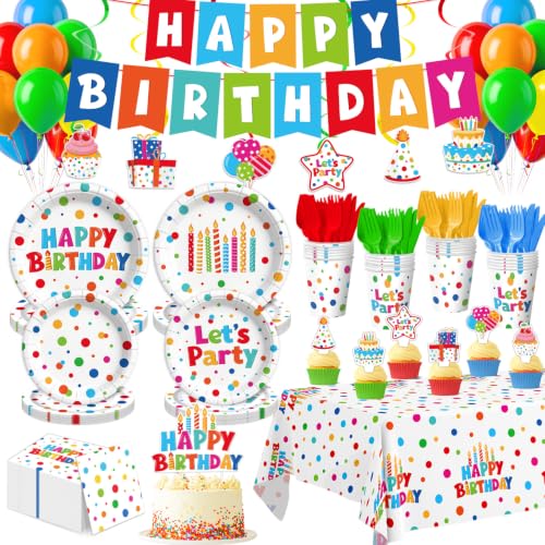195 Pcs Birthday Party Supplies (Serves 24), Happy Birthday Party Dots Design Decorations Include Banner Hanging Plates Napkins Cups Forks Knifes Tablecloth Topper Balloons for Decorations