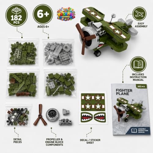 Image of Yashoni Fighter Plane Building Blocks Set - 182 Pcs Military Aircraft Model | Pull String Propeller Action, STEM Construction Toy for Kids 6+ Boys & Girls | Educational 3D Building Kit, Gift