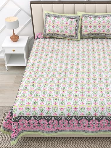 Image of RajasthaniKart Pure 100% Cotton 240 TC King Size BEDSHEET with 2 Pillow Cover - 90X108 (Suitable for King Size Bed Sheet or Double Bed) PSP (Green)