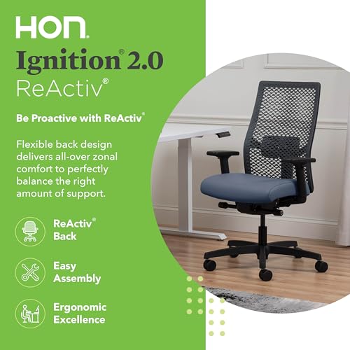 Image of HON Ignition 2.0 ReActiv Ergonomic Office Chair, Mesh Desk Chair with Lumbar Support, Advanced Synchro‑Tilt, Height and Width Adjustable Arms, Swivel Wheels, Black Frame, Ocean