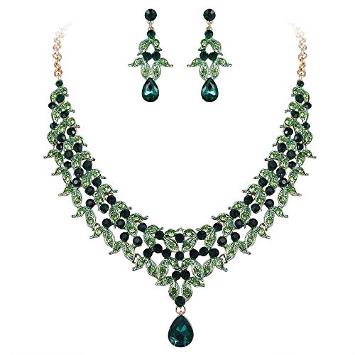 BriLove Wedding Bridal Necklace Earrings Jewelry Set for Women Cluster Leaf Teardrop Statement Necklace Dangle Earrings Set Emerald Color Gold-Toned