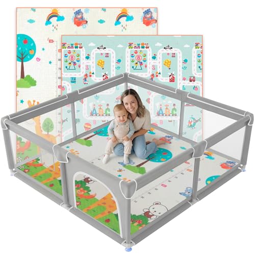 JUPPLIES Parque Infantil Bebe 120x120cm + Alfombra Bebe – Corralito Bebe con Malla Transpirable – Parque de Juegos Bebe Plegable con Puerta Lateral – Playpen Bebe - Gris