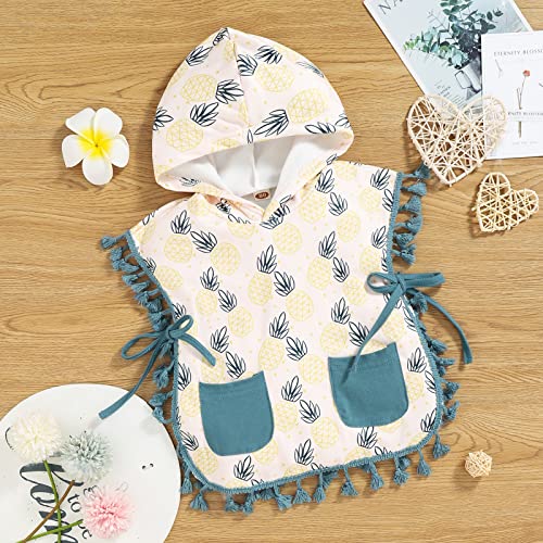 Qiylii Toddler Baby Girls Beach Cover-Up Hooded Bathrobe Strawberry/Pineapple Print Tassel Pocket Tie Up Swimwear Coverup2