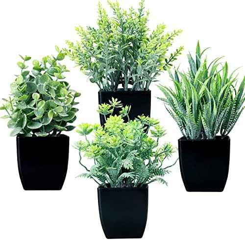 GREENTIME 4 Pack Fake Plants in Black Pot,Small Artificial Eucalyptus Potted Plant,Wheat Grass Mini Faux Potted Plants Greenery for Home Decor Indoor Office Table Room Farmhouse Bathroom Decoration