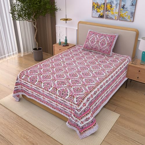 Image of 100% Cotton Single Bedsheet with 1 Pillow Cover | 240 TC Pure Cotton Flat Bed Sheet | Traditional Jaipuri Printed Bedding Set | Soft & Breathable | 60 x 90 Inch (Rangmahal Single 28)