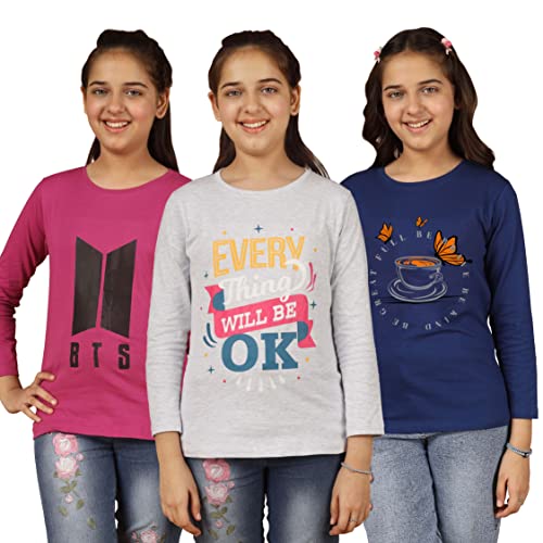 Image of KYDA KIDS Girls Cotton Full Sleeve Printed T-Shirt (Pack of 3)