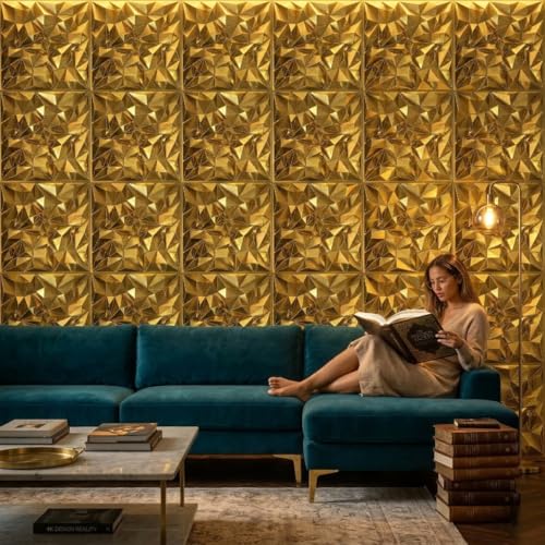 Image of Kayra Decor 3D PVC Wall Panels for Bedroom & Living Room | Frame Design |Golden Color | 19.7 x 19.7 Inch | Pack of 40 | 107.60 Sq Ft