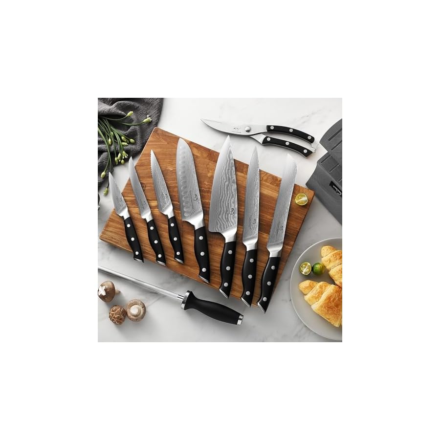 Damascus-Kitchen-Knife-Set-15-Piece-Kitchen-Knife-Set-with-Block-ABS-Ergonomic-Handle-for-Chef-Knife-Set-and-Serrated-Steak-Knives-Knife-Sharpener-and-Kitchen-Shears-14-Slots-Wooden-Knife-Block Damascus Kitchen Knife Set, 15-Piece Kitchen Knife Set with Block, ABS Ergonomic Handle for Chef Knife Set and Serrated Steak Knives Knife Sharpener and Kitchen Shears, 14 Slots Wooden Knife Block