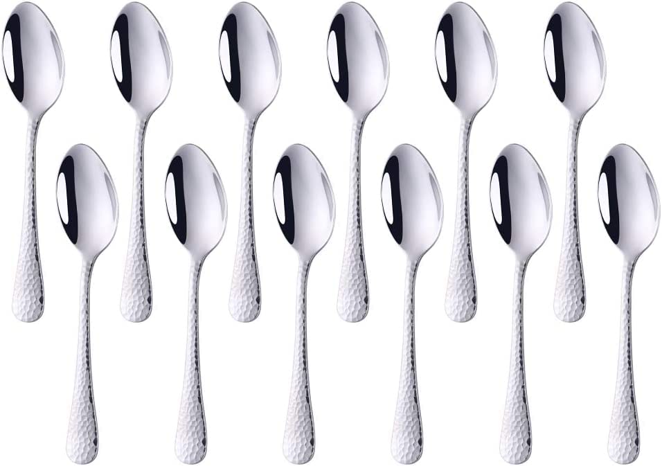 QOBIMOON 12-Piece Tea Spoons Hammered Surface Dessert Spoon Salad Spoon Use for Coffee Sugar Dessert Cake Ice Cream Soup Antipasto Cappuccino- 6.5 Inches, Silver