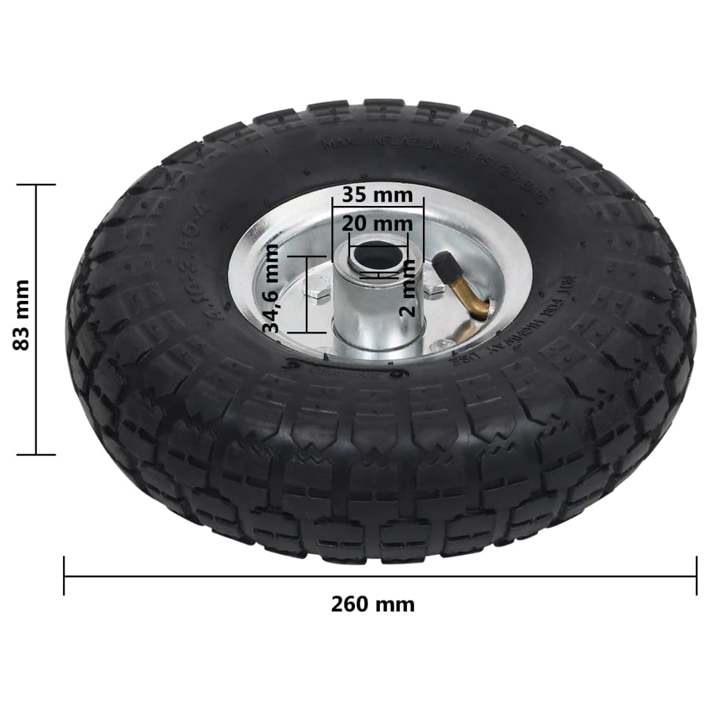 Sackkarrenräder 2 Stk. 260 x 83 mm Gummi 4,10 3,50-4, Metallfelge, pannensicher, 100 kg je Rad, für Sackkarren Handkarren Rollwagen Transportwagen Werkstatt Lager Garage