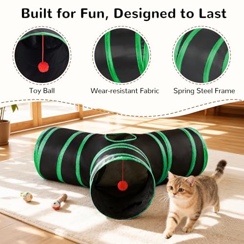 Image of Tempcore Cat Tunnel for Indoor Cats, 3 Way Collapsible Pet Play Tunnel with Teaser Wand, Peek Holes & Hanging Ball, Interactive Tube for Kittens & Rabbits, Black & Green