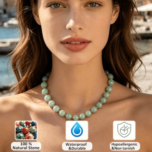 Image of GINAZL Natural Stone Beaded Choker Necklace for Women, Chunky Multicolor Gemstone Handmade Necklace, Boho 12MM Bead Summer Beach Jewelry Gifts for Women
