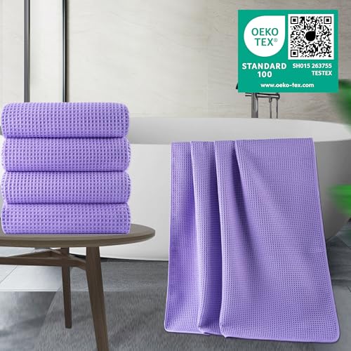Image of POLYTE 430 GSM Microfiber Oversize Quick Dry Lint Free Bath Towel, 60 x 30 in, 4 Pack (Waffle Weave)