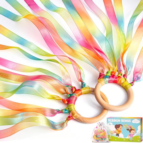 Dawnglow 2Pcs Ribbon Hand Kites, Gymnastics Dance Ribbons,Dancing Streamer with Wood Ring for Artistic Dance, Gymnastics, Entertainment, Decoration and Party - Aurora Gleam