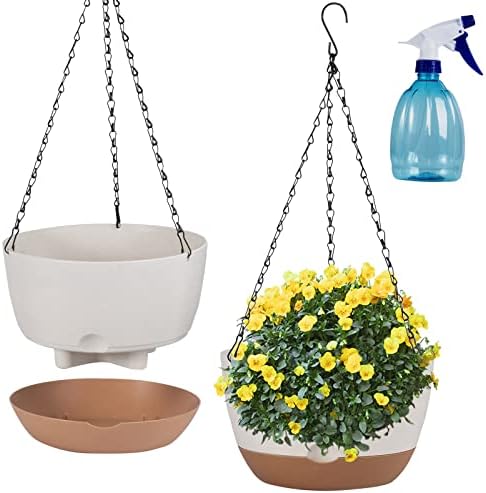 EURCRBU 2 Pack Hanging Planters for Outdoor Indoor Plants, 10 Inch Plastic Outdoor Hanging Planter, Hanging Flower Pots for Outside with Drainage Holes & Removable Saucer for Garden Home (Beige)