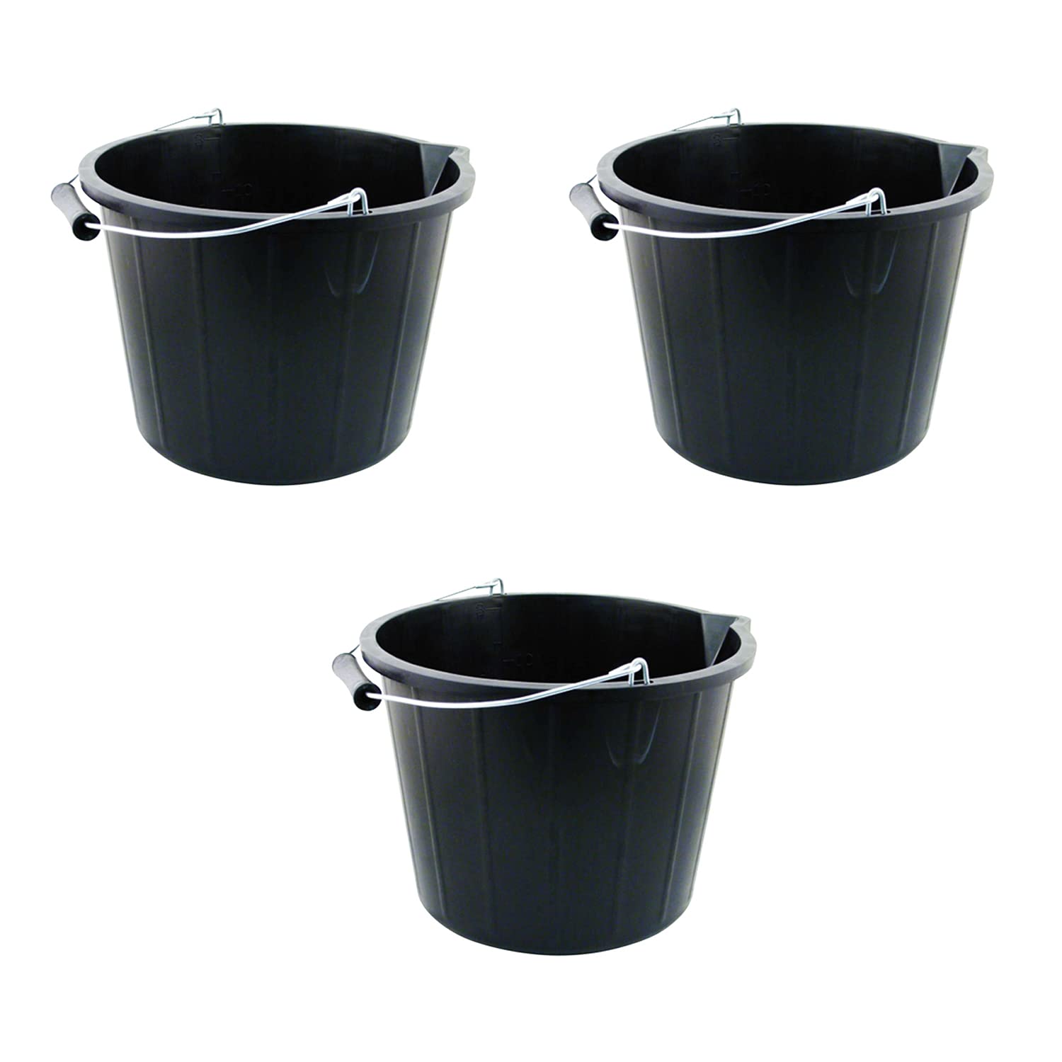 Tenlite Black Set Of 3 - Plastic Builders Bucket 3 Gallon 14 Litre Water Mixing Storage Strong With Measuring Guide, Handle And Spout.