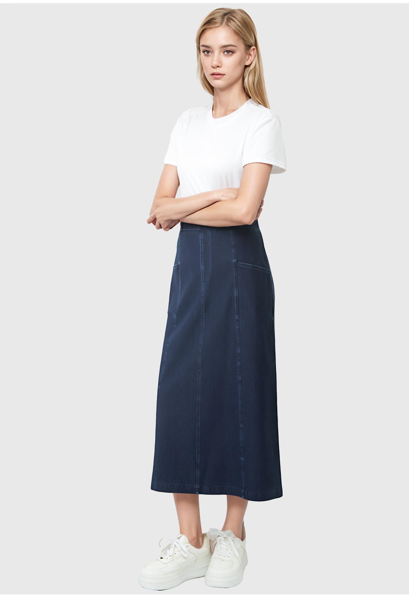 Faldas Vaqueras para Mujer, Denim Azul Lavado, Cintura Alta Elástica, Bolsillos Laterales, Faldas Midi De Corte A, Verano, Informal, Diario, para Salir, Elegantes, Parte Inferior