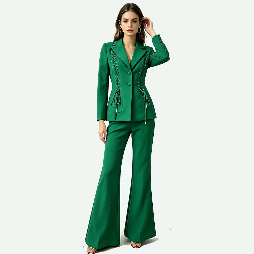 Women's Suit Lace-Up Blazer Flare Pants 2 PCS Set Prom Formal Wedding Party | Peaked Lapel