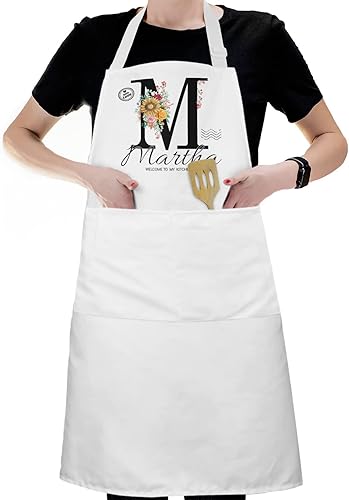 Delantales personalizados para mujer, diseño de letra inicial floral, delantal personalizado, delantal de chef ajustable con 2 bolsillos disponible en Yaxa Peru