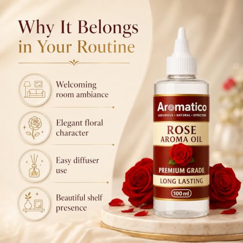Image of AROMATICO Pure Rose Diffuser Oil with Long-Lasting Fragrance for Homes, Offices & Showrooms. Ideal for Diffusers, Reed Diffusers, Air-Purifiers & Candles 100 ml