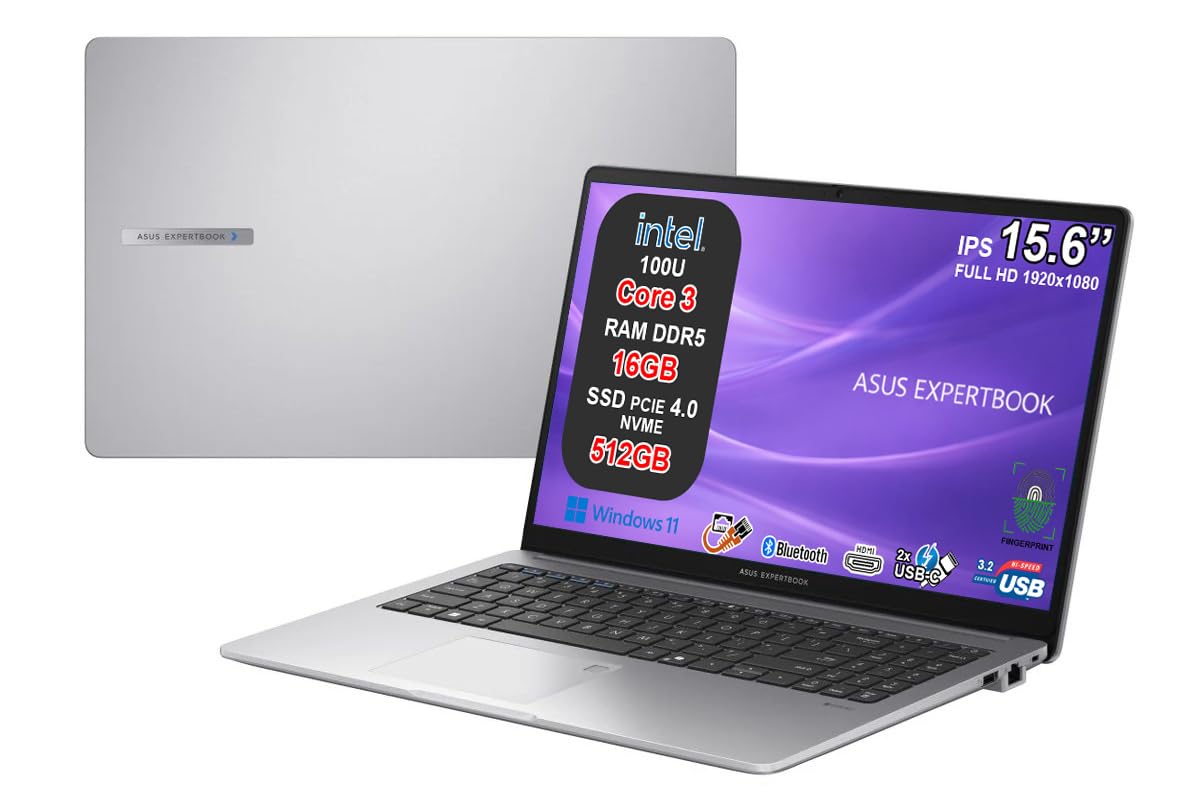 ASUS ExpertBook P1 Notebook, Intel Core 3 100U, 16GB DDR5, SSD 512GB NVMe PCIe 4.0, Display 15,6" FHD Antiriflesso, USB-C Gen2, LAN RJ45, Wi-Fi 6, Bluetooth 5.4, Windows 11, 24 Mesi Garanzia