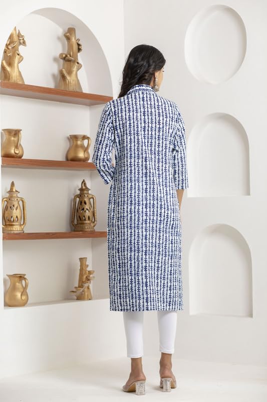 Image of Women Pure Cotton White and Blue Striped Printed Kurta