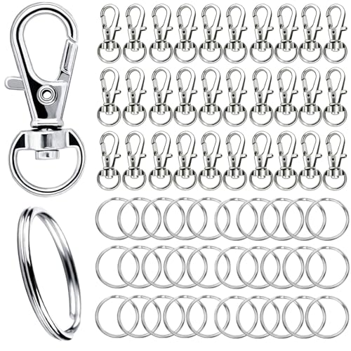 60pcs Keyring Rings Kit 30pcs Swivel Clasps and 30pcs Keyrings with Split Rings for DIY Craft and Jewellery Making Hanging Crafts (Silver).