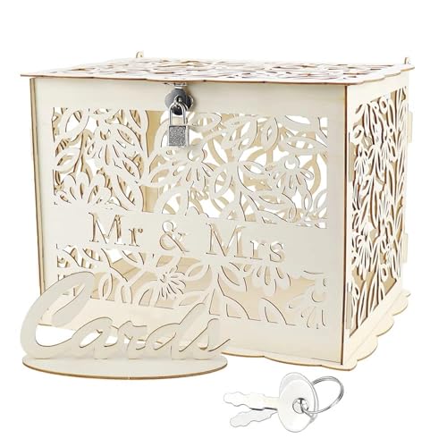 JaneYi Boîte à Cartes de Mariage en Bois Grande à Enveloppe 30x23x23cm Urne de Mariage Champêtre Tirelire avec Serrure et Fente pour Couples Fête...