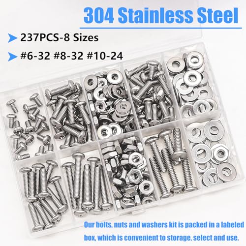 Bemaka Nuts and Bolts Assortment Kit, 304 Stainless Steel Bolts 8 Sizes #6-32#8-32#10-24 Phillips Pan Head Machine Screws, Assorted Bolts, Nuts and Washers Kit (237PCS) - Image 3