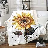 Homewish Sonnenblume Decke Aquarell Sonnenblume Decke Blatt Zweig Fleece Decke Garten Frischer Stil Druck Fuzzy Decke Zimmer Wohnheim Dekoration für Mädchen Frauen 150x200