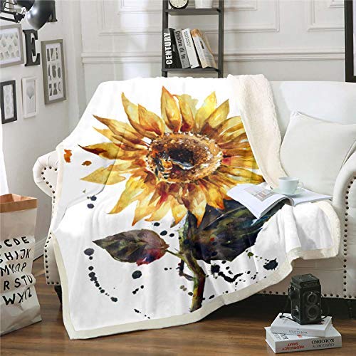 Homewish Sonnenblume Decke Aquarell Sonnenblume Decke Blatt Zweig Fleece Decke Garten Frischer Stil Druck Fuzzy Decke Zimmer Wohnheim Dekoration für Mädchen Frauen 150x200