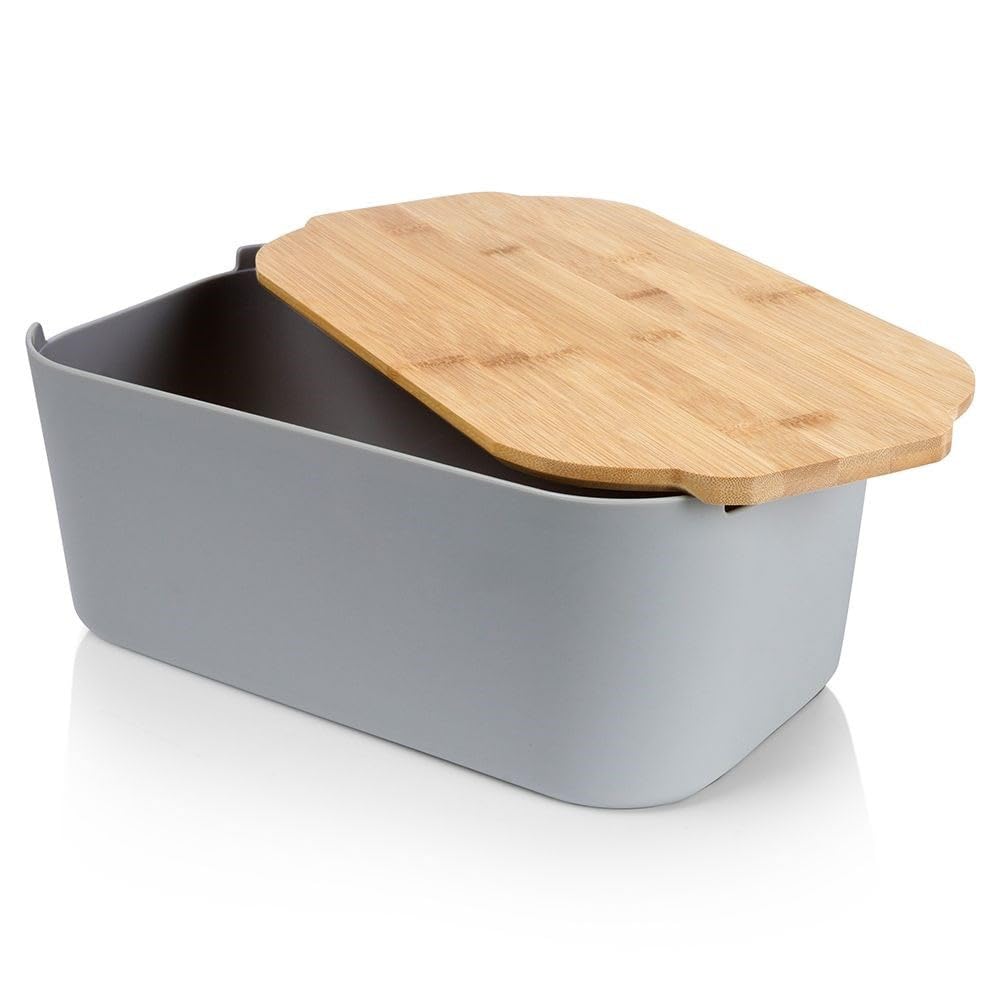 Vilde Bread Bin with Wooden Board Bread Basket Bread Bin Grey 33 x 18.5 x 12 cm