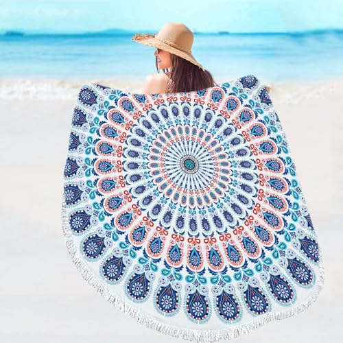 Violet Mist Purple Mandala Round Beach Blanket 60" Hippie Boho Microfibre Beach Towel Throw with Fringe Large Sand Free Circle Beach Blanket with Tassels for Women Travel Swimming Pool Picnic Towel