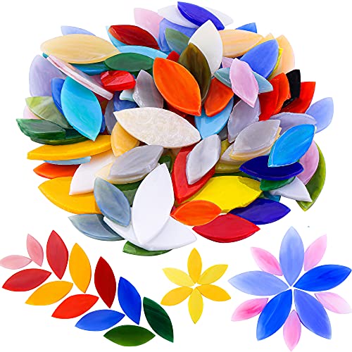 Mornajina 100 Pieces Petal Mosaic Tiles, Mixed Color Mosaic Glass Pieces, Hand-Cut Stained Glass Flower Leaves Tiles for Crafts Colorful Stained Glass Pieces Mosaic Projects